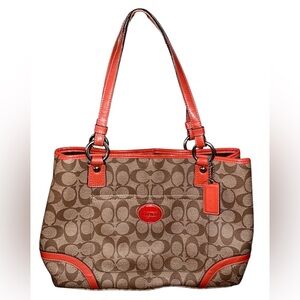 Coach Peyton Signature Logo Heritage Authentic Tote with Orange Leather Trim! 🧡